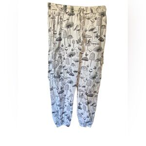Mushroom Print Cargo Pants S Baggy Hippie elastic cuffs retro